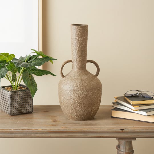 17" Brown Metal Antique Inspired Vase with Handles